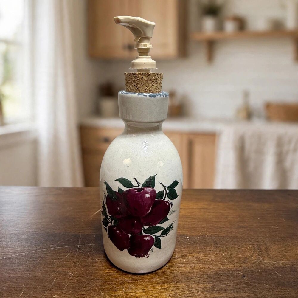 Home & Garden Party Stoneware Soap Dispenser Pump Red Apples USA 2000 Farmhouse